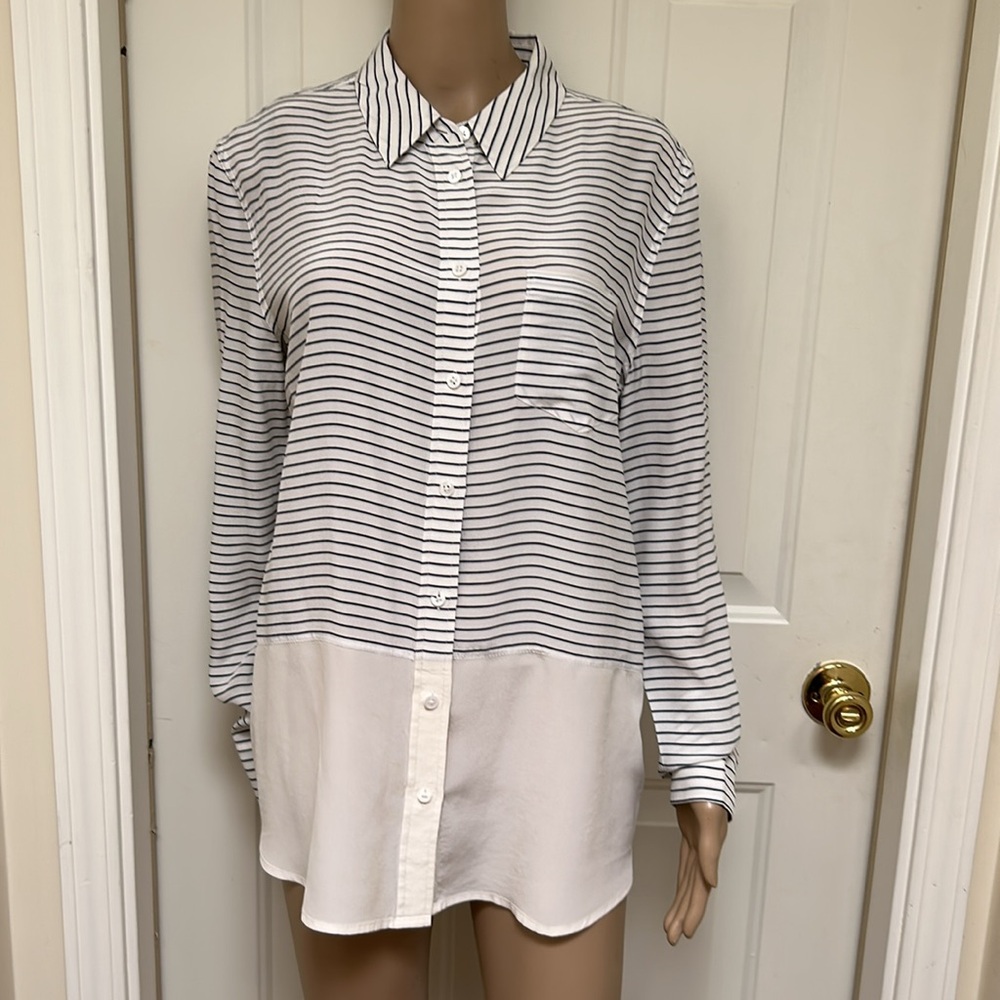 Equipment Femme Womens Silk Crepe Striped Collar Blouse Top White Sz M Business